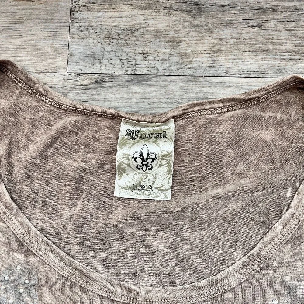 Vocal USA Cowboy Fringe Gem Top Western Rhinestone Boot Graphic Affliction M L - Picture 4 of 10